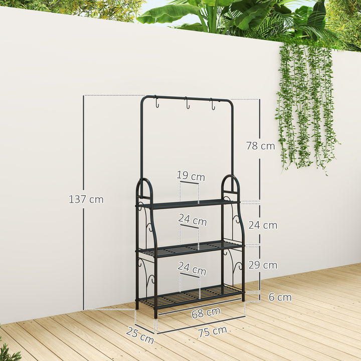 3 Tier Plant Stand with Hanging Rod and Hooks, Metal Plant Rack Shelf, Ladder Flower Pot for Indoor Outdoor Porch Balcony Living Room Bedroom, Black