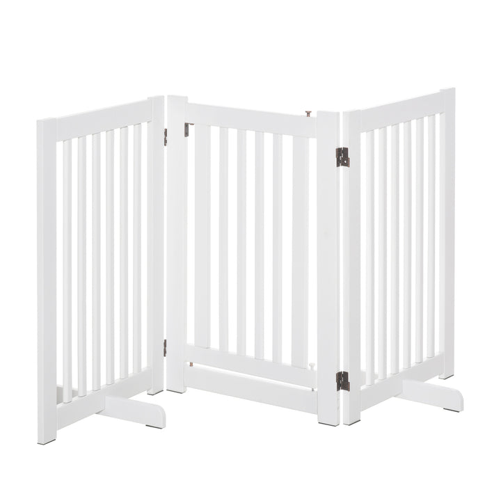 PawHutPet Gates MDF Freestanding Expandable Dog Gate Wood Doorway Pet Barrier Fence w/ Latched Door White | Aosom UK