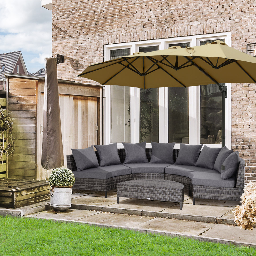 MCL 5 Pieces Rattan Garden Furniture Set, 4 Seater Half-Round Garden Sofa Set with Thickened Cushions, Wicker Conservatory Furniture with 4 Chairs, Rattan Coffee Table and Pillows, Grey