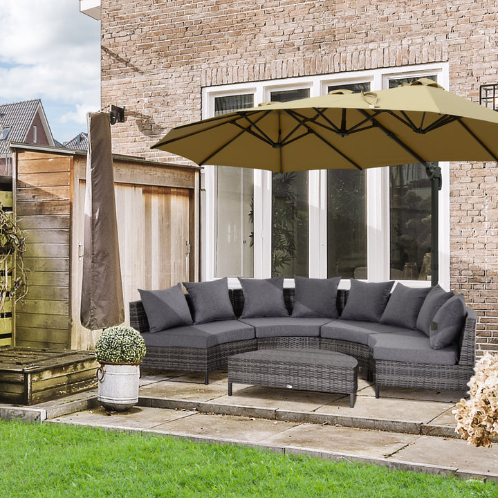 MCL 5 Pieces Rattan Garden Furniture Set, 4 Seater Half-Round Garden Sofa Set with Thickened Cushions, Wicker Conservatory Furniture with 4 Chairs, Rattan Coffee Table and Pillows, Grey