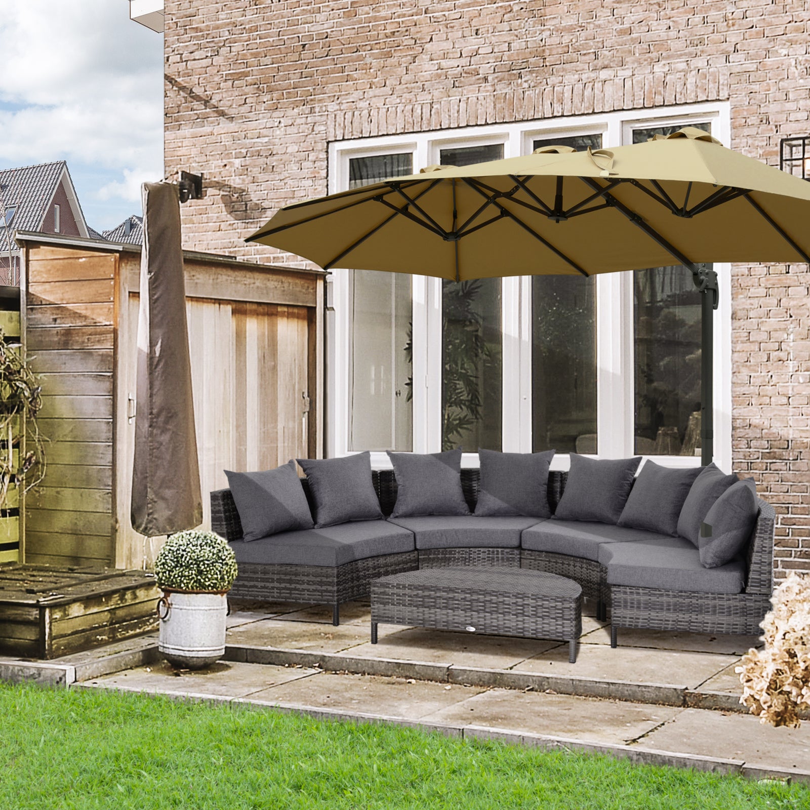 5 Pieces Rattan Garden Furniture Set, 4 Seater Half-Round Garden Sofa Set with Thickened Cushions, Wicker Conservatory Furniture with 4 Chairs, Rattan Coffee Table and Pillows, Grey