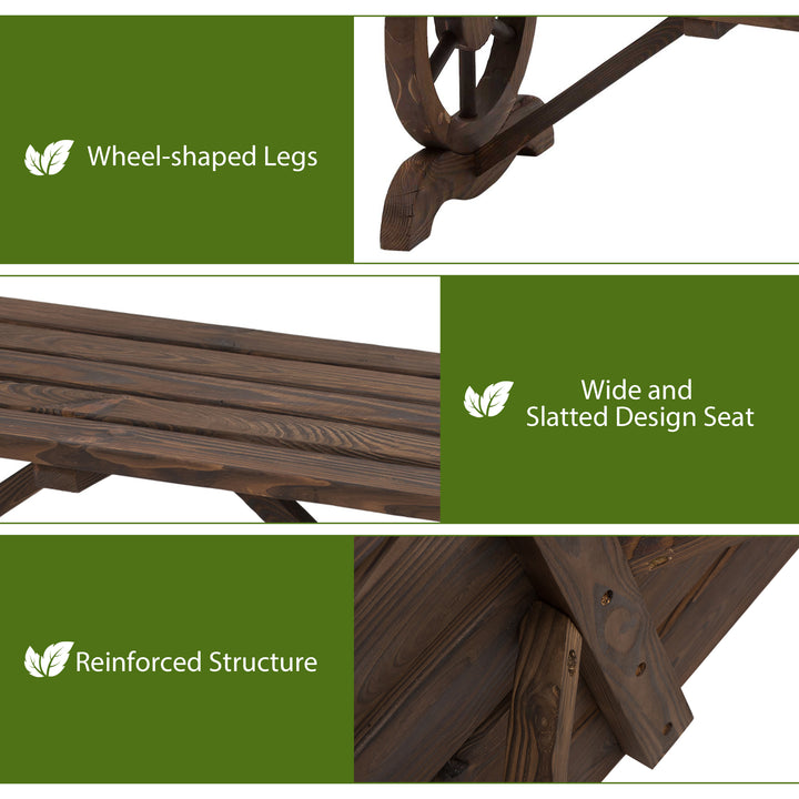 Garden Rustic Wooden Bench Wheel-Shaped Legs Slatted Seat Stable Reinforced Structure Outdoor Patio Garden 2-Person Bench Seat - Brown