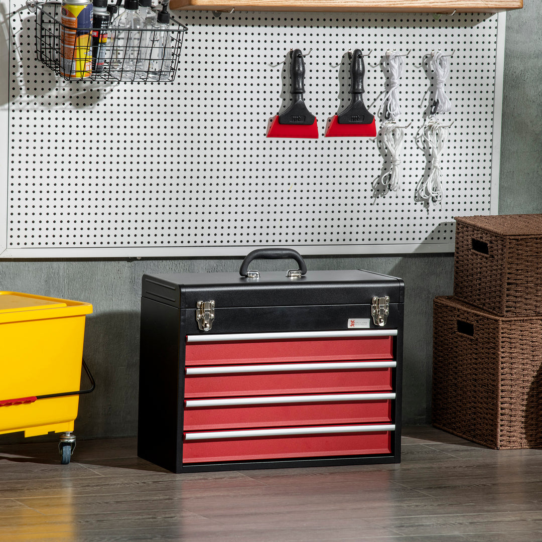 4 Drawer Tool Chest, Lockable Metal Tool Box with Ball Bearing Runners, Portable Toolbox, 510mm x 220mm x 395mm, Black