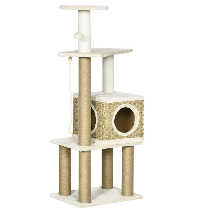 PawHut Cat Tree Tower, Indoor Climbing Activity Centre for Kittens with Jute Scratching Posts, Cosy Condo, Stand & Hanging Ball Toy, Beige | Aosom UK