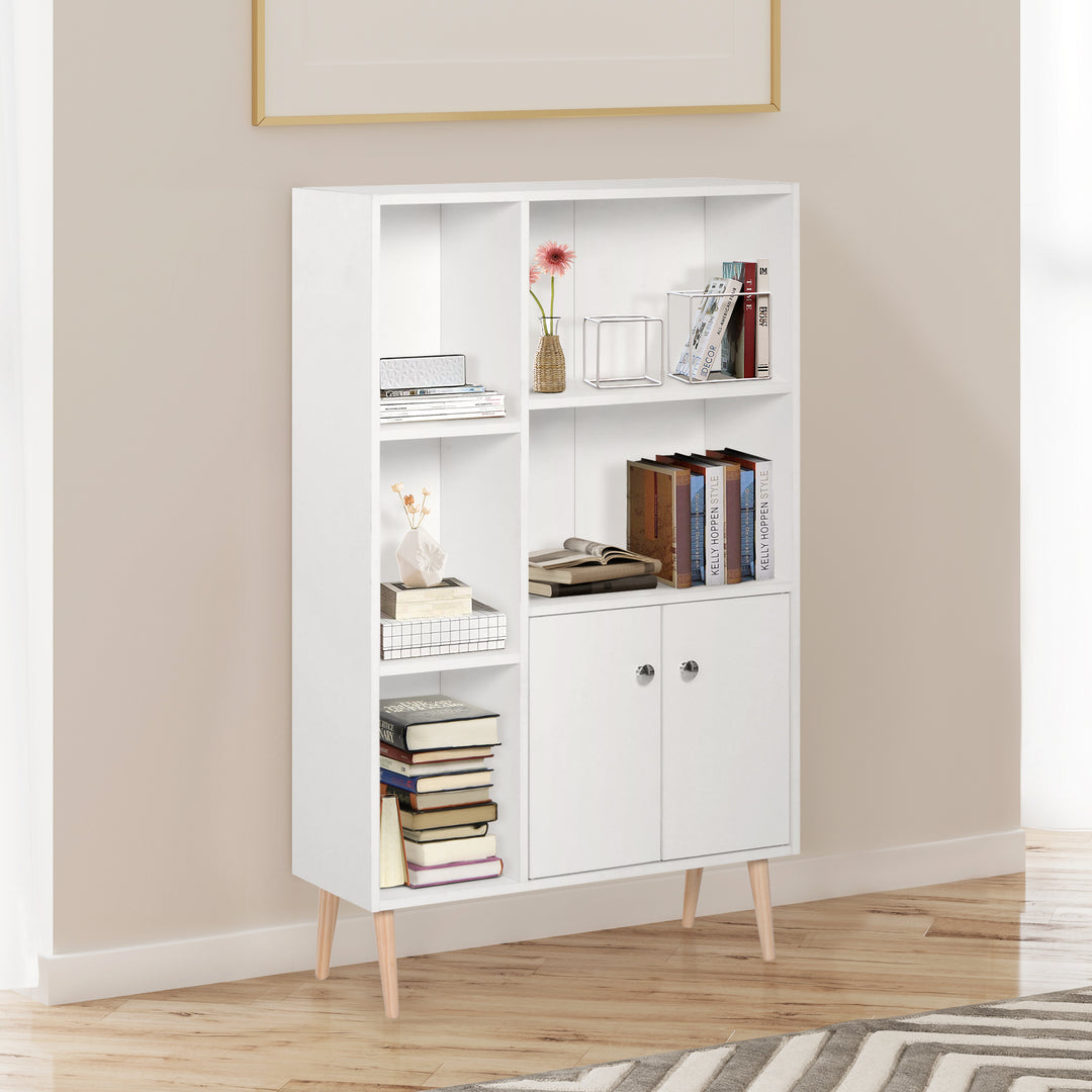 MCL Sideboard Storage Cabinet Cupboard, Open Bookcase with 2 Doors 5 Compartments Wooden Modern Style for Living Room Bedroom Kitchen 80 x 23 x 123 cm, White