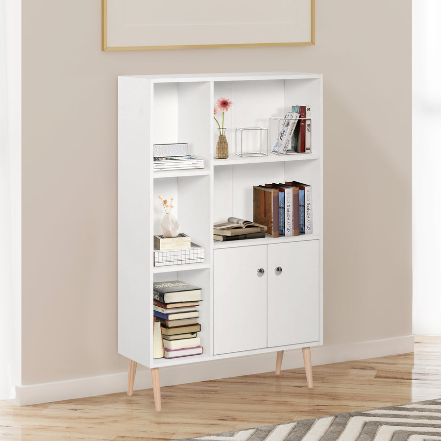 Sideboard Storage Cabinet Cupboard, Open Bookcase with 2 Doors 5 Compartments Wooden Modern Style for Living Room Bedroom Kitchen 80 x 23 x 123 cm, White