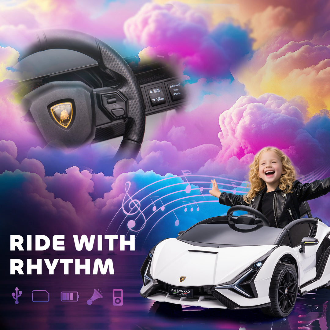 MCL Lamborghini Sian Licensed 12V Electric Car for Kids 2 Motors Toy Car with Remote Control Music Lights MP3 for 3-5 Years White