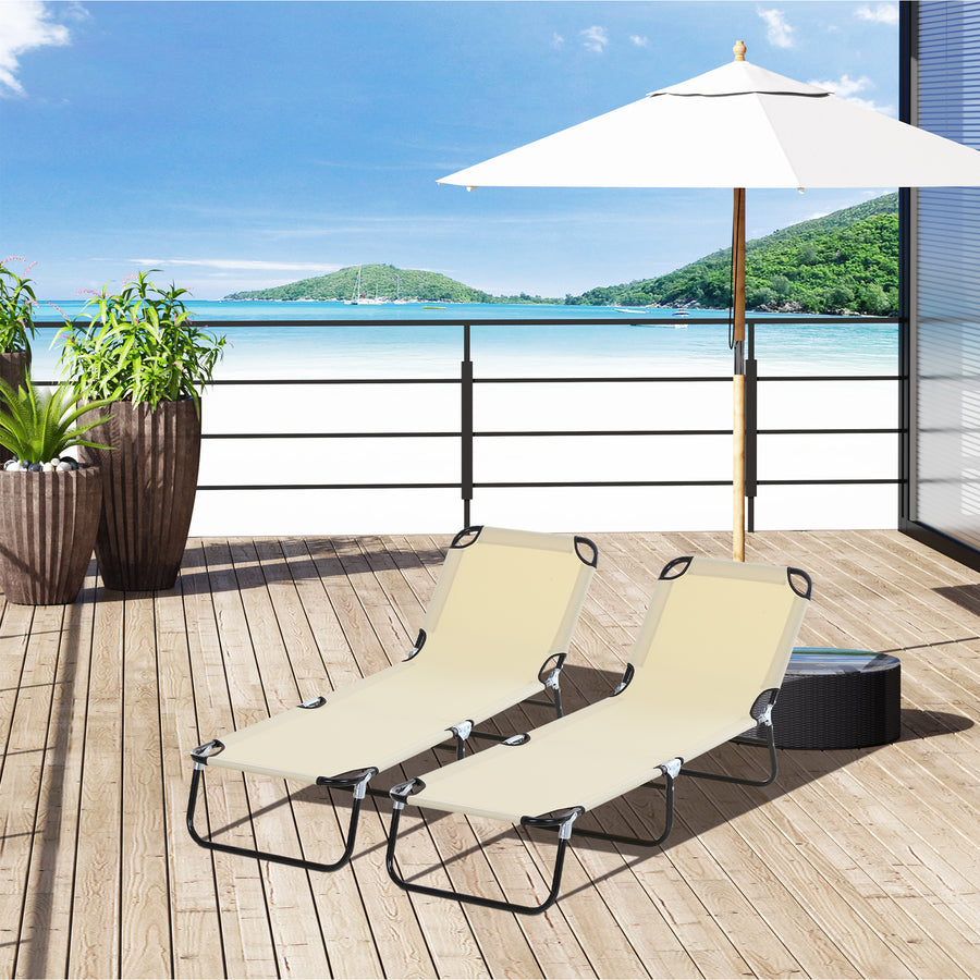 2 Piece Foldable Sun Loungers with 5-Position Adjustable Backrest, Outdoor Portable Recliner Chaise Lounge Chairs with Breathable Mesh Fabric, Beige