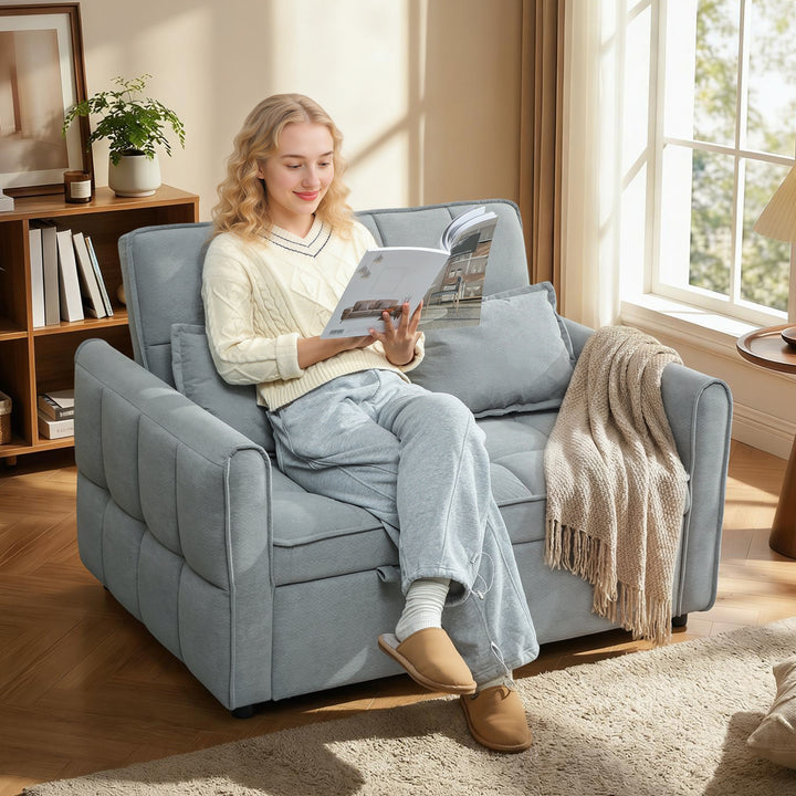 2 Seater Sofa Bed, 3-in-1 Convertible Sleeper Sofa with Click-clack Adjustable Backrest and 2 Pillows, Light