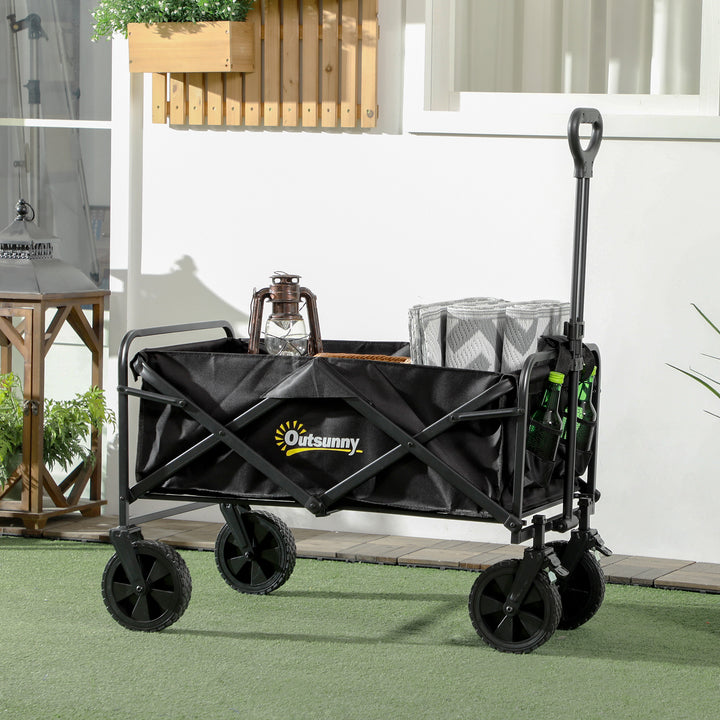 Outsunny Pull Along Folding Wagon Cargo Trolley with Telescopic Handle, Portable Utility Cart, Black | Aosom UK