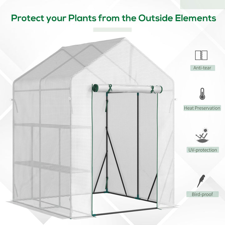 MCL Walk In Greenhouse with 2 Tier Shelf, Portable Gardening Plant Grow House Tomato Greenhouse with Roll up Zip Panel Door, Reinforced PE Cover, 143 x 143 x 195cm, Green