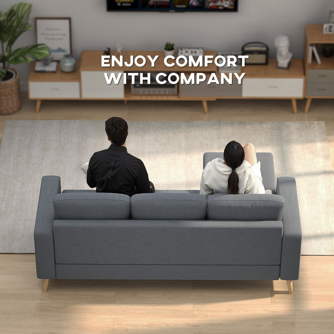 3 Seater Sofa with Footstool, Fabric L-Shaped Sofa, Sectional Couch with Wood Legs, Tufting Cushioned Back for Small Space, Living Room, Office, Dark Grey