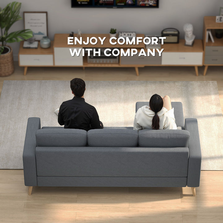 3 Seater Sofa with Footstool, Fabric L-Shaped Sofa, Sectional Couch with Wood Legs, Tufting Cushioned Back for Small Space, Living Room, Office, Dark Grey
