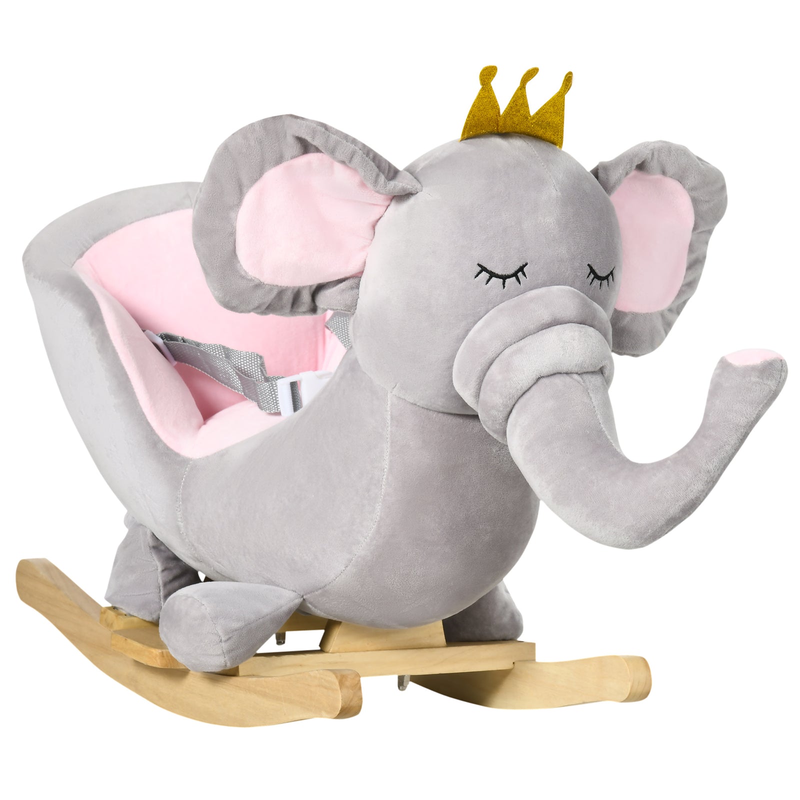 Kids Elephant-Designed Rocking Horse, with Safety Belt, Wooden Base, for Ages 18-36 Months - Grey