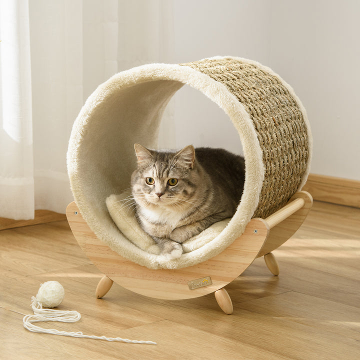 PawHut Elevated Cat House, Kitten Bed with Scratcher, Soft Cushion, Pet Shelter, 41 x 38 x 43 cm, Khaki | Aosom UK