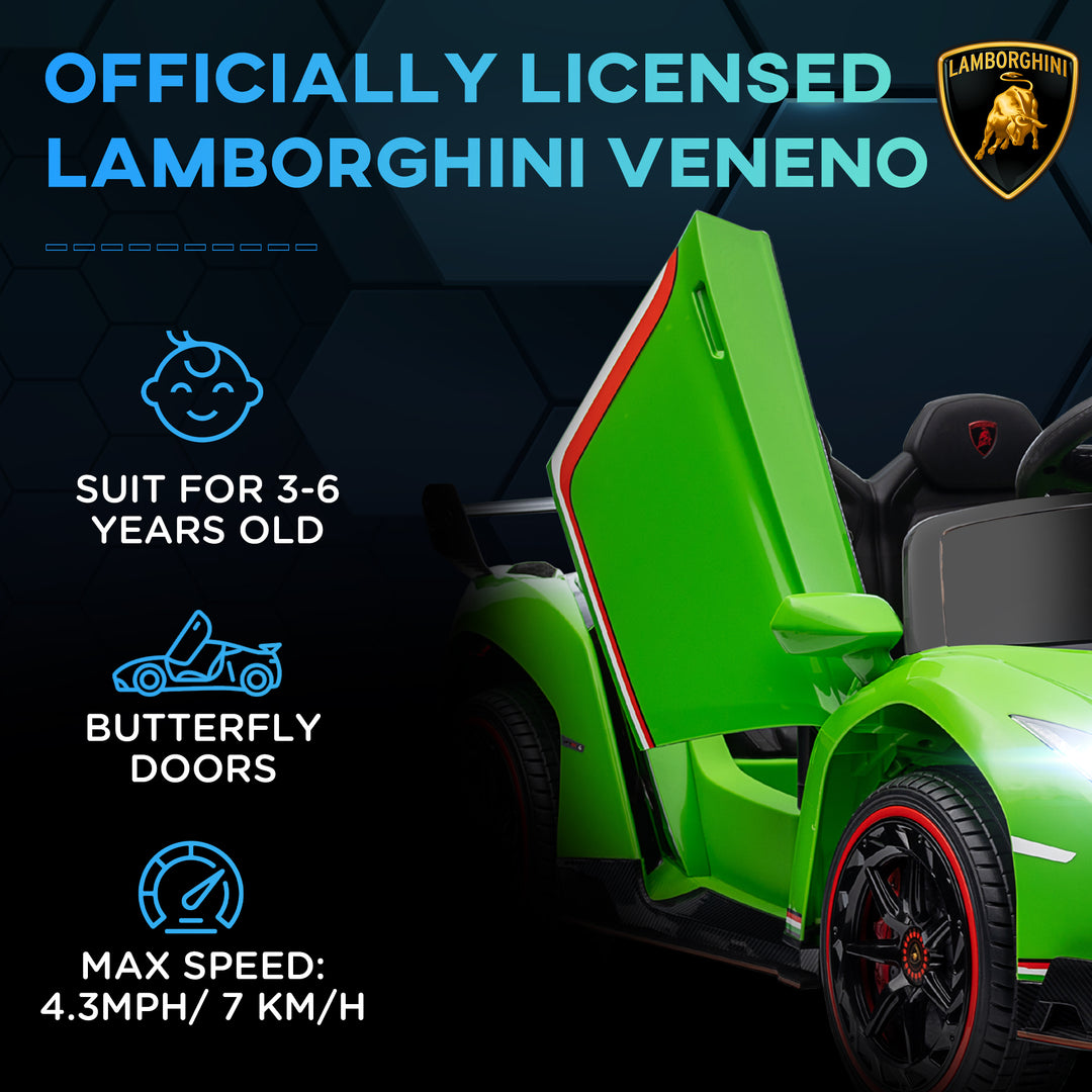HOMCOM Lamborghini Veneno Licensed 12V Kids Electric Ride on Car w/ Butterfly Doors, Portable Battery, Powered Electric Car w/ Bluetooth, Green