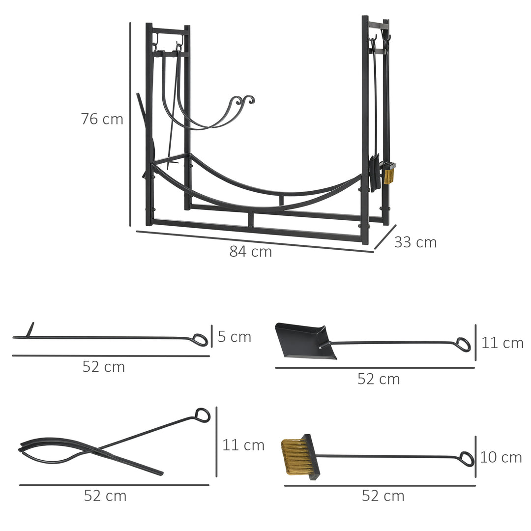 Metal Firewood Log Holder Indoor Outdoor Firewood Rack Fireplace 2 Tier Wood Storage Shelf with 4 Tools, Hooks, Scrolls, Black, 84W x 33D x 76H cm