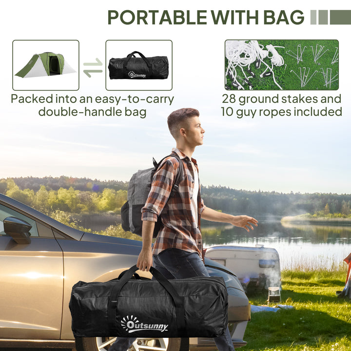 Large Camping Tent Tunnel Tent with 2 Bedroom and Living Area, 2000mm Waterproof, Portable with Bag for 4-6 Man, Green