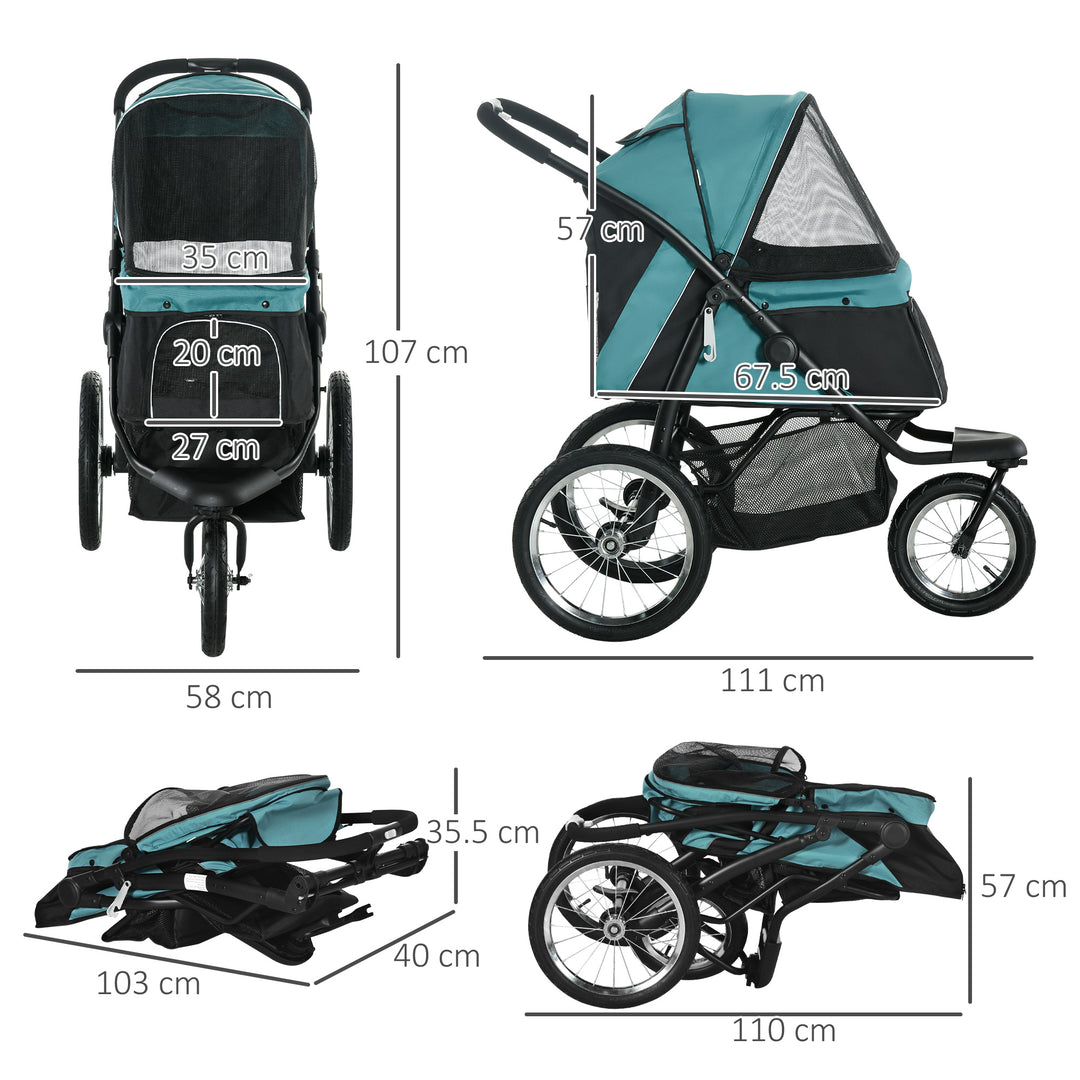 PawHut Pet Stroller Jogger for Medium, Small Dogs, Foldable Cat Pram Dog Pushchair w/ Adjustable Canopy, 3 Big Wheels