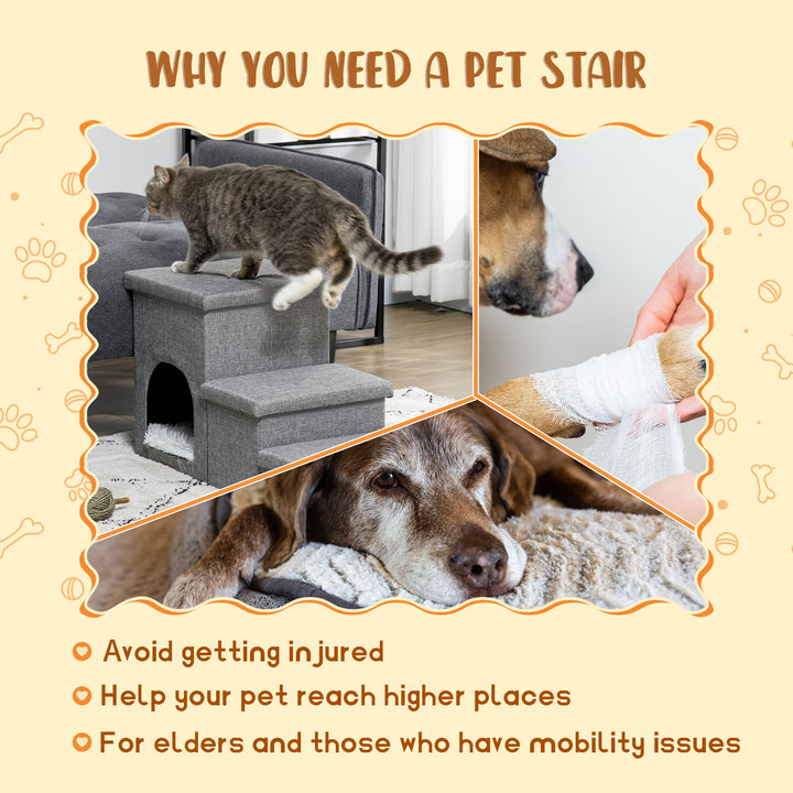 PawHut Dog Steps 3-step Pet Stairs with Kitten House and 2 Storage Boxes, 3 in 1 Dog Ramp for Sofa with Washable Plush Cushion | Aosom UK