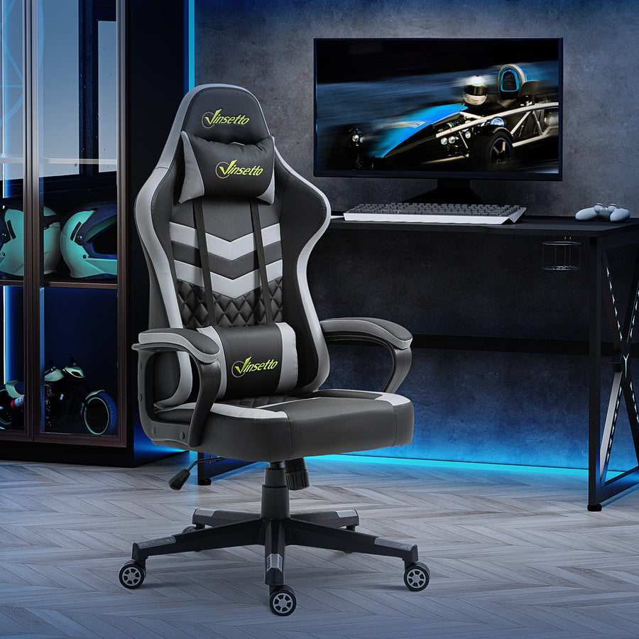 Gaming Chair, Computer Desk Chair with Lumbar Support, Faux Leather Racing Chair with Headrest and Swivel Wheels for Home Office, Black Grey