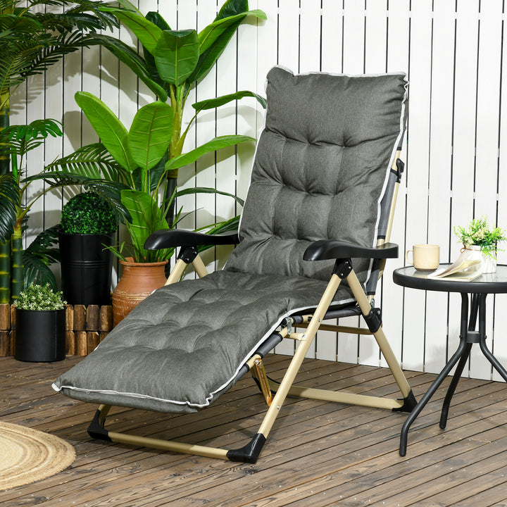 Outsunny Outdoor Reclining Sun Lounger Chair, Folding Garden Recliner with Cushion, Pillow, Adjustable Backrest and Footrest for Patio, Deck