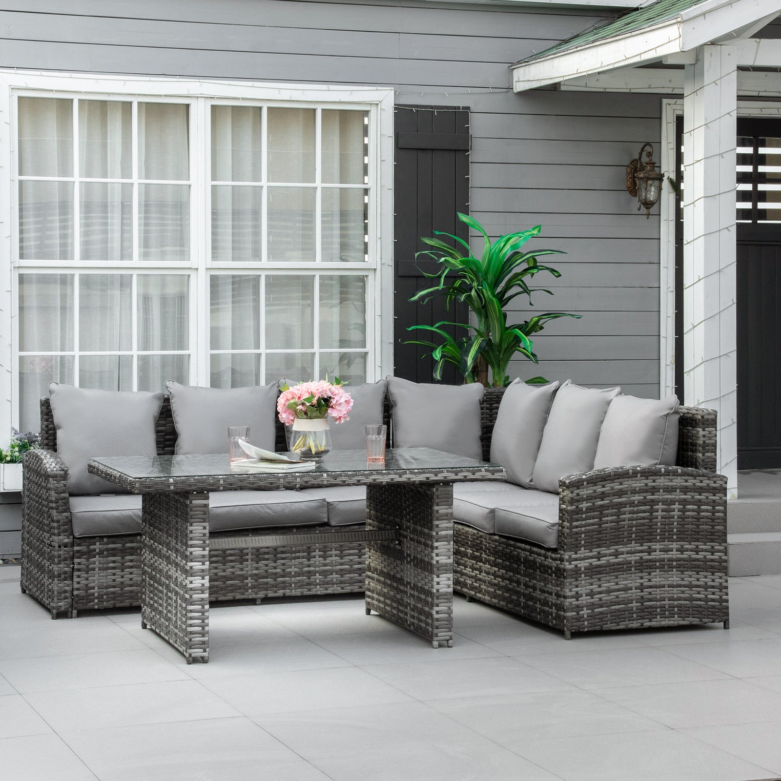 3 PCS PE Rattan Corner Dining Set Outdoor Garden Patio Sofa Table Furniture Set w/ Cushions Grey