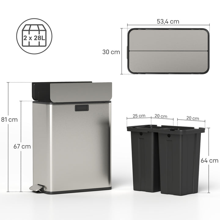 MCL Dual Kitchen Bin with Soft-Close Butterfly Lid, 2 x 28L Stainless Steel Pedal Bin with Removable Inner Buckets, Fingerprint-Proof for Recycling and Waste, Silver Tone