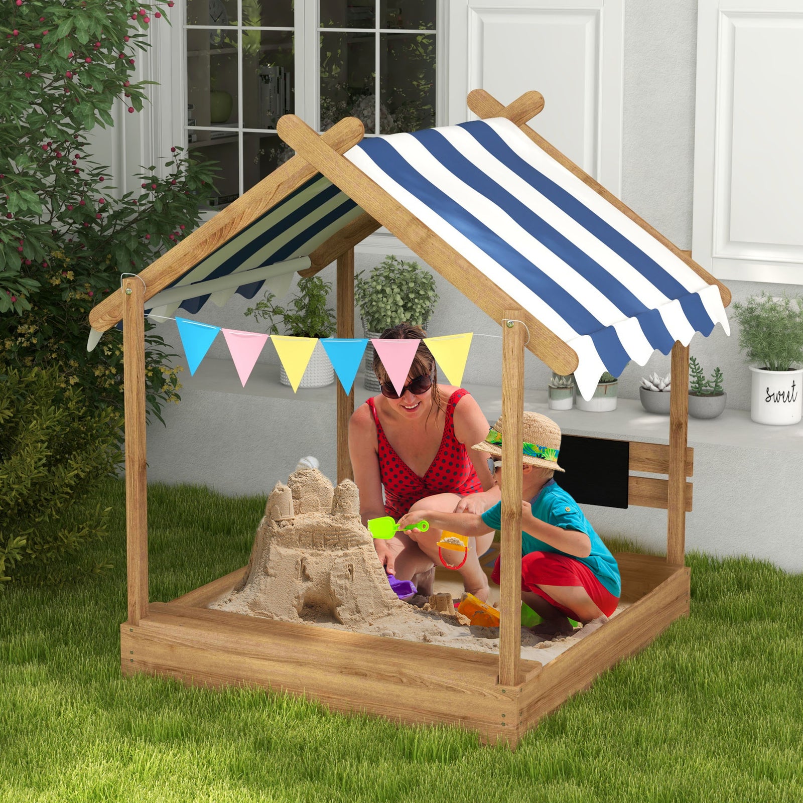 House-Designed Wooden Sandbox, Outdoor Sandpit, with Blackboard, Toys, Sink, Seats, Flags, for Ages 3-7 Years - Brown