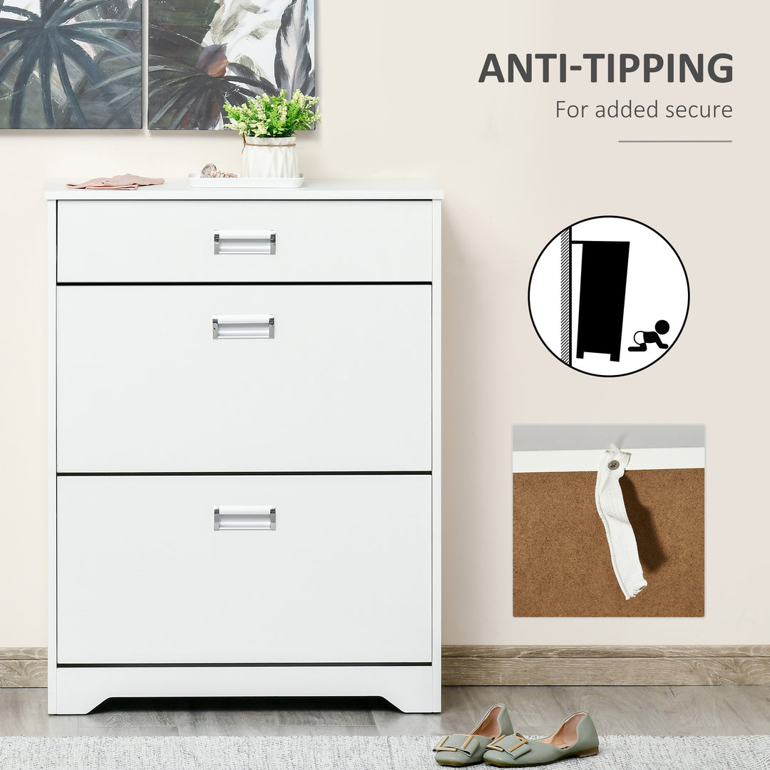 Shoe Cabinet, Slim Shoe Storage Cabinet with Drawer, 2 Flip-up Doors and Adjustable Shelf, Narrow Shoe Cupboard for 16 Pairs of Shoes for Entryway, Hallway, White