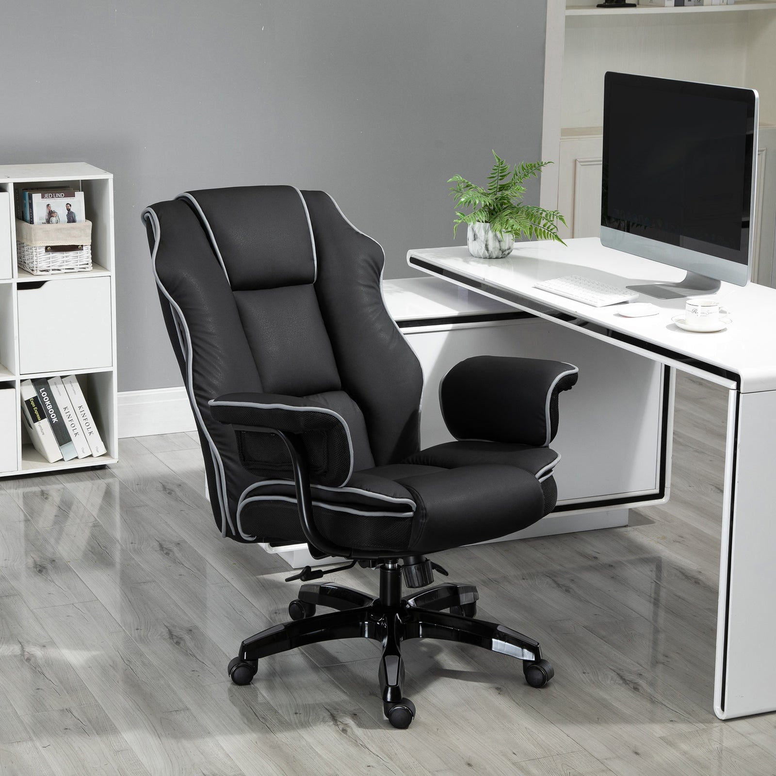Faux Leather Executive Office Chair, with Contrast Piping - Black/White
