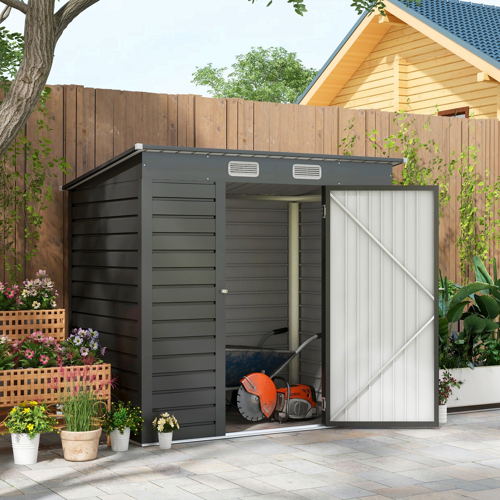4 x 6ft Galvanised Metal Garden Shed, with Locking Door - Grey