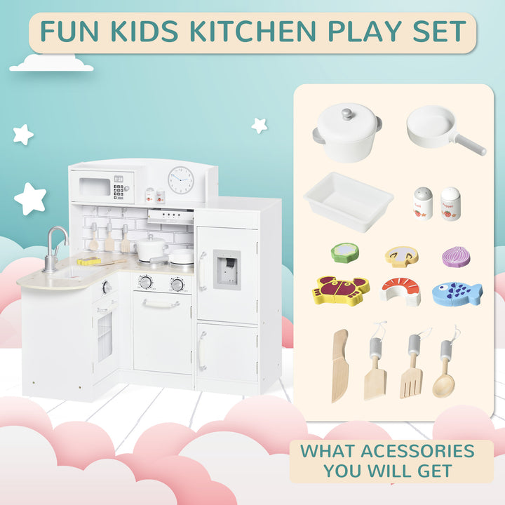 MCL Kids Play Kitchen Wooden Toy Kitchen Cooking Set for Children with Drinking Fountain, Microwave, and Fridge White