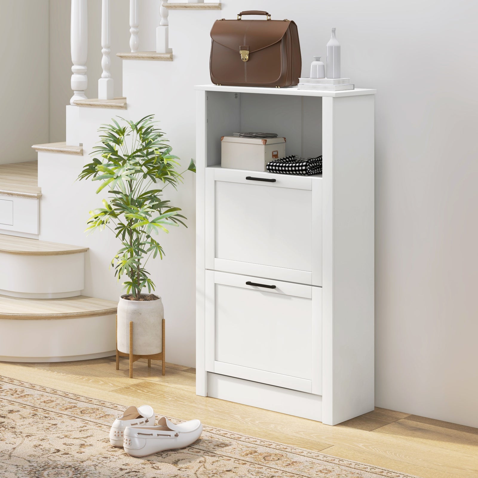 Modern Shoe Cabinet with 2 Flip Drawers and Adjustable Shelves, Narrow Shoe Storage Cabinet with Open Compartment, Holds 10 Pairs for Entryway, Hallway, White