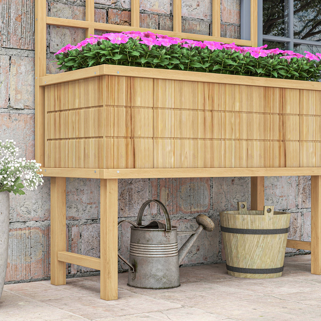 Outsunny Wooden Raised Planter with Trellis for Vine Climbing Plants, Elevated Garden Bed with Drainage Holes and Bed Liner
