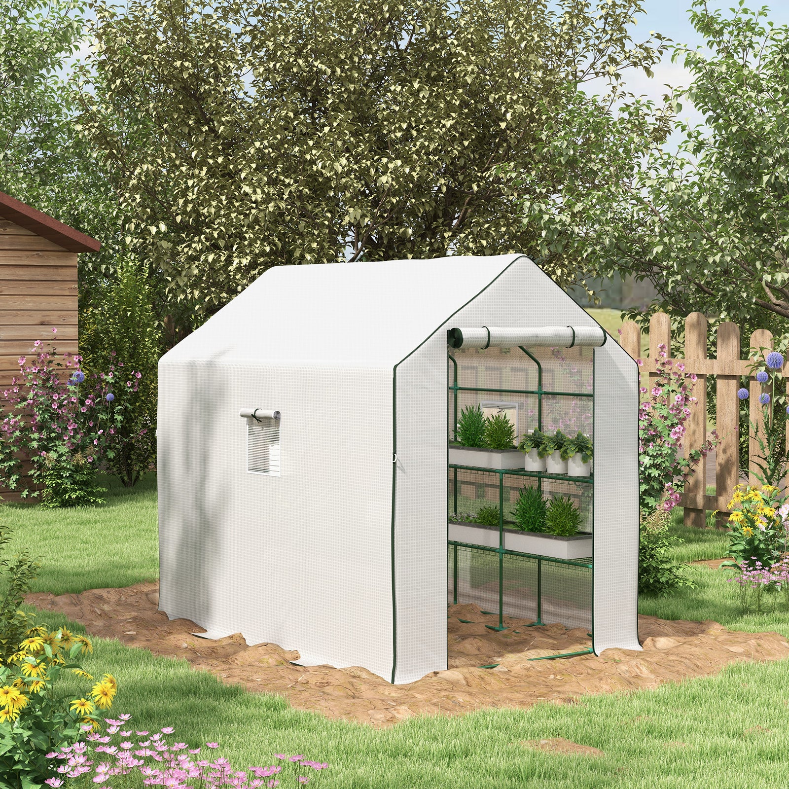 Walk-in Greenhouse with 3 Tier 12 Shelves, Small Greenhouse with Reinforced PE Cover, Garden Plant Growhouse with Roll-up Door and Three Mesh Windows, 140 x 213 x 190 cm, White
