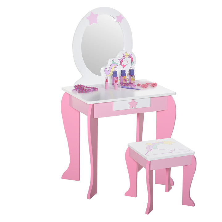 HOMCOM Kids Dressing Table, Girls Dressing Table w/ Mirror & Stool, Unicorn  Play Toy for Age 3-6 Years, Acrylic Mirror, Pink & White | Aosom UK