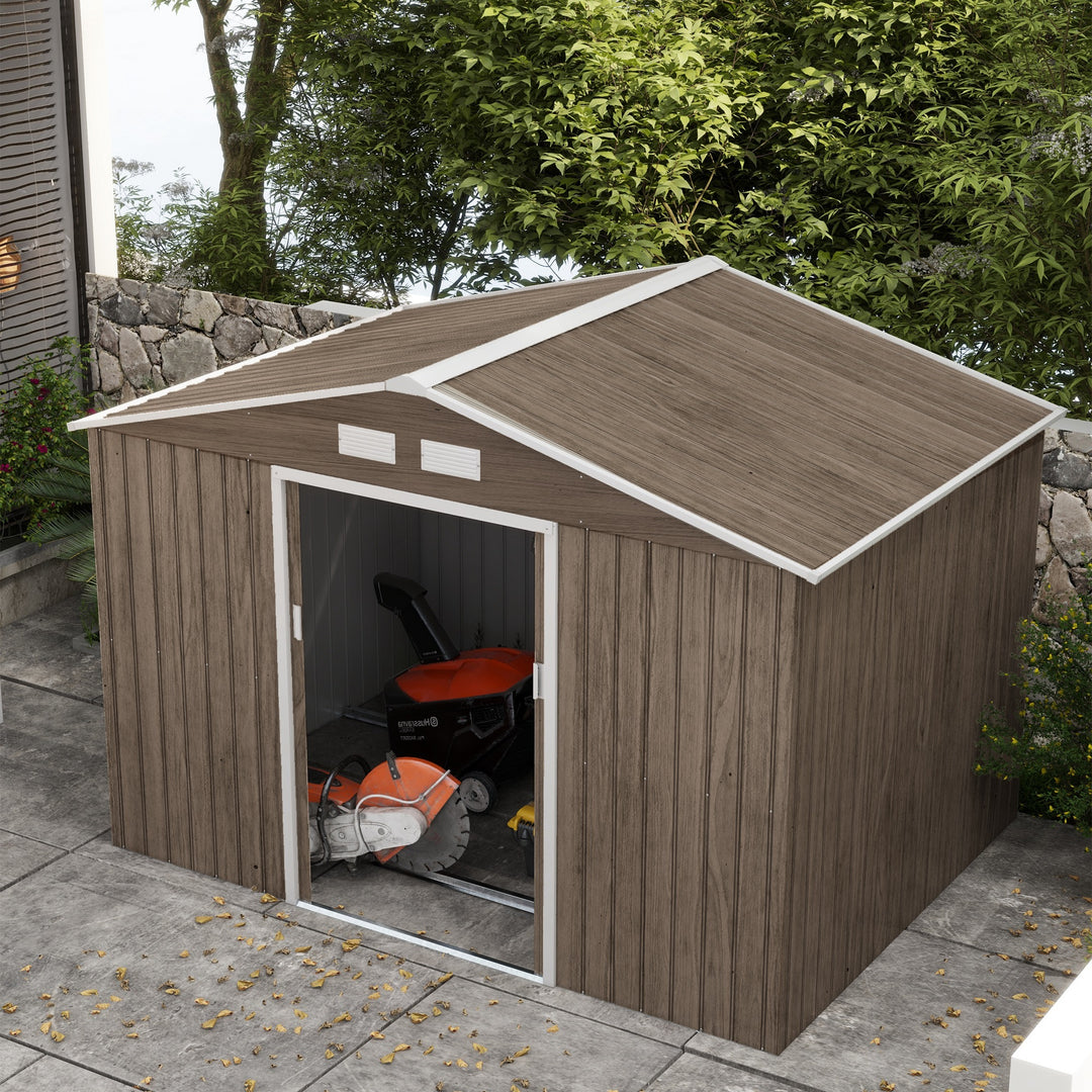 9 x 6ft Steel Garden Shed, Outdoor Storage Tool House with Vents, Foundation and Lockable Double Doors, Brown