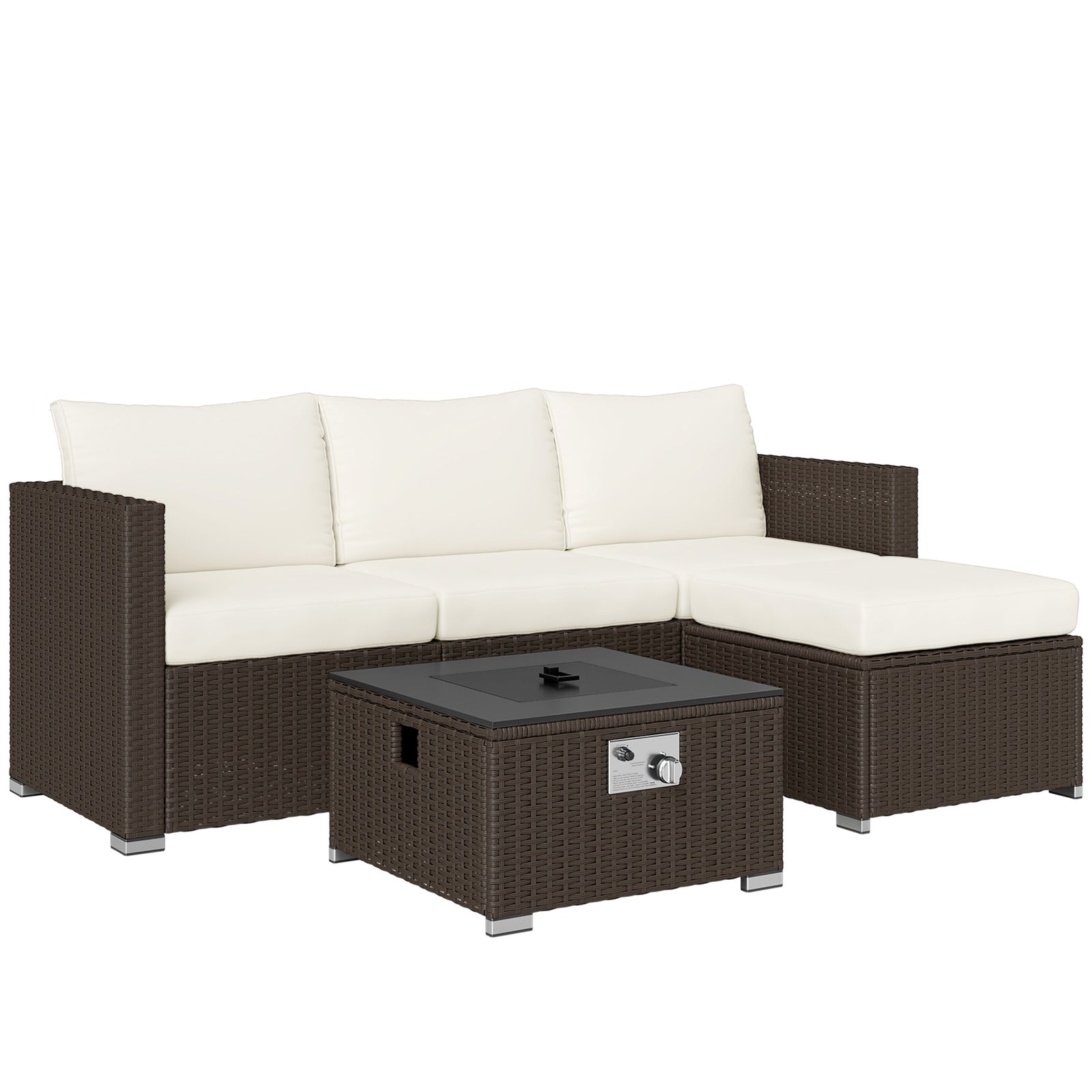 Five Piece Rattan Garden Furniture Set with Gas Fire Pit Table and Footstool - Brown and Cream White