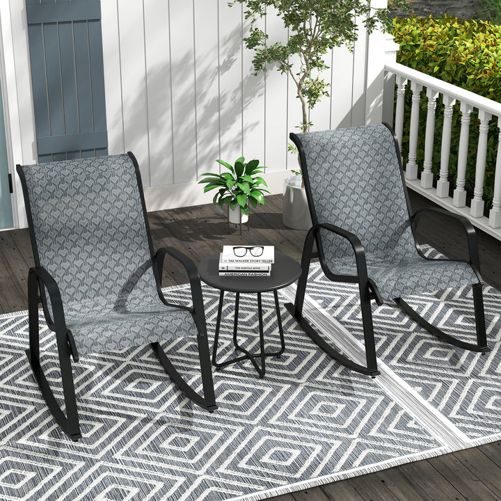 Outsunny 3 Pcs Garden Rocking Set w/ 2 Armchairs, Metal Top Coffee Table, Patio Bistro Set w/ Curved Armrests, Breathable Mesh Fabric Seat, Mixed Grey