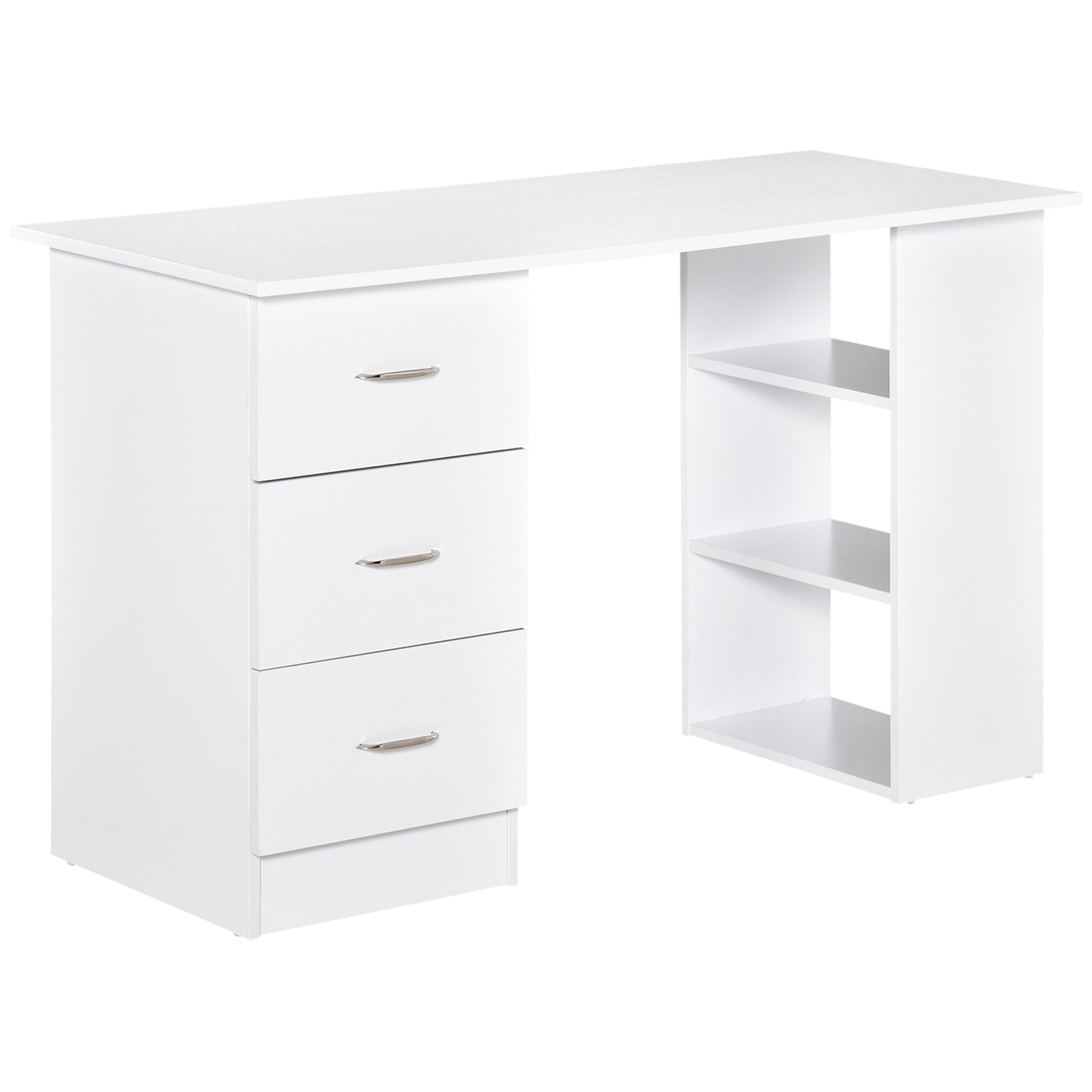 Computer Desk, Writing Table, PC Workstation with 3 Storage Shelves and Drawers, Silver Handle, for Home Office, White