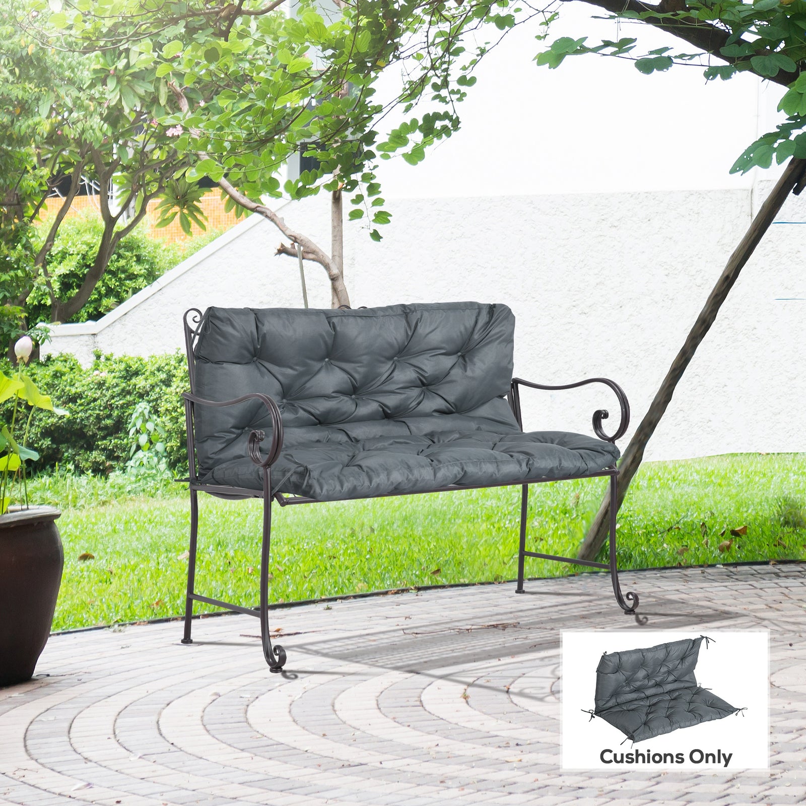 2 Seater Bench Cushion, Garden Chair Cushion with Back and Ties for Indoor and Outdoor Use, 98 x 100 cm, Dark Grey