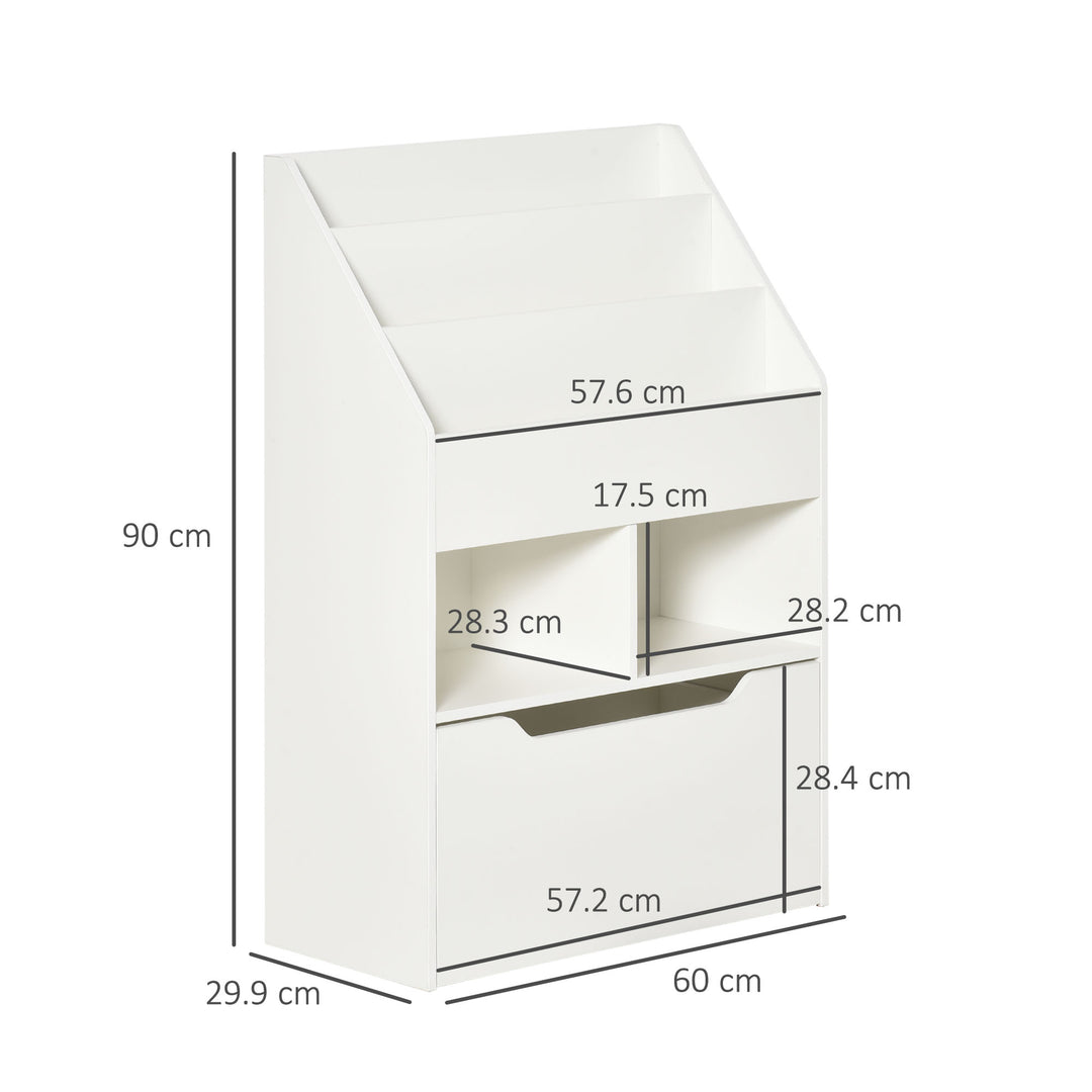 Kids Bookshelf, Toy Organiser, with Storage Drawer, Wheels - White