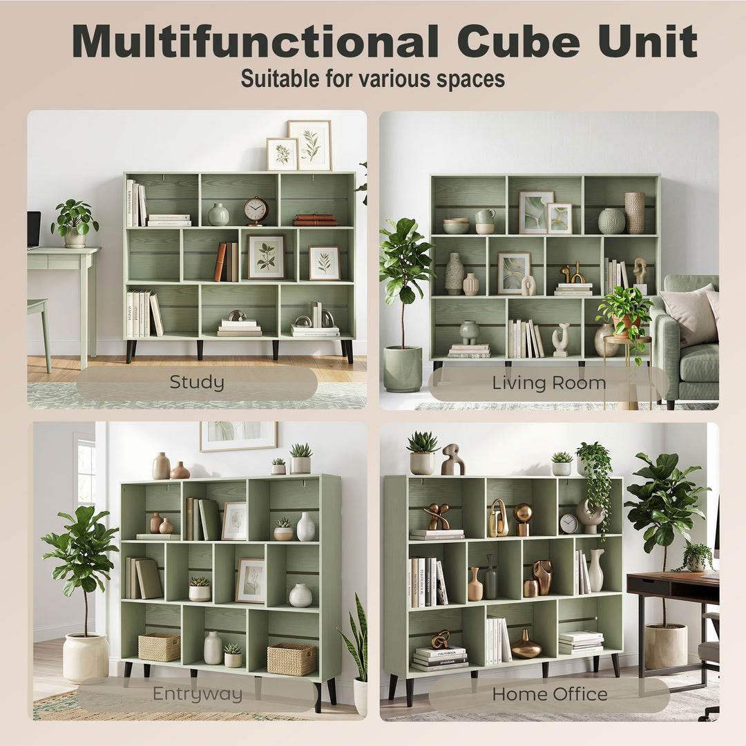 10-Cube Bookcase, 3-Tier Book Shelf with Solid Wood Legs, 140 cm Moder