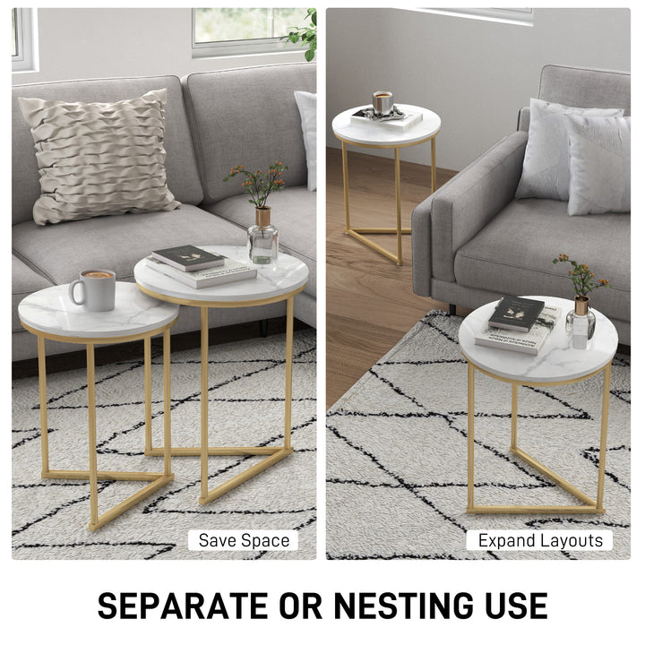 Set of Two Marble-Effect Nest of Tables - White/Gold-Tone