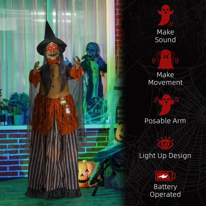 HOMCOM 183 cm Life Size Halloween Animated Standing Fat-Faced Witch with Red Light Up Eyes, Sound Activated Moving Arms &amp; Head, Scary Witch Halloween Decorations, Battery Operated, Indoor Party Props
