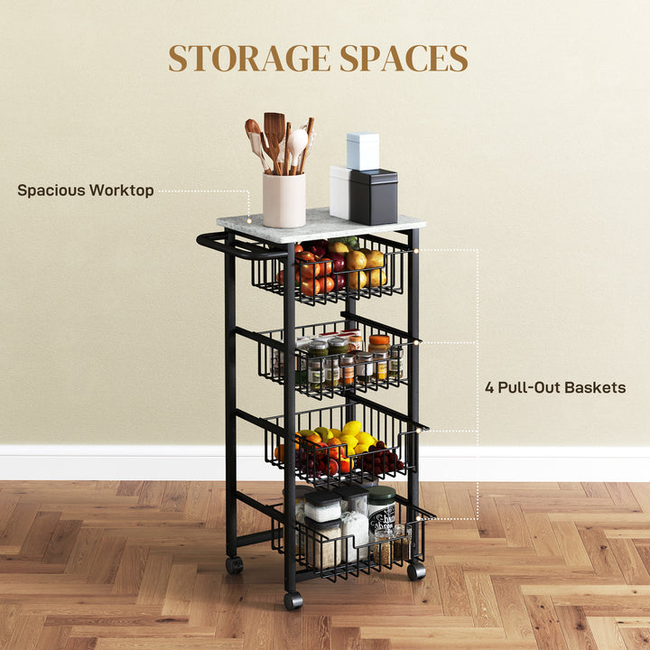 Four Basket Mobile Kitchen Island, with Brakes - Grey/Black