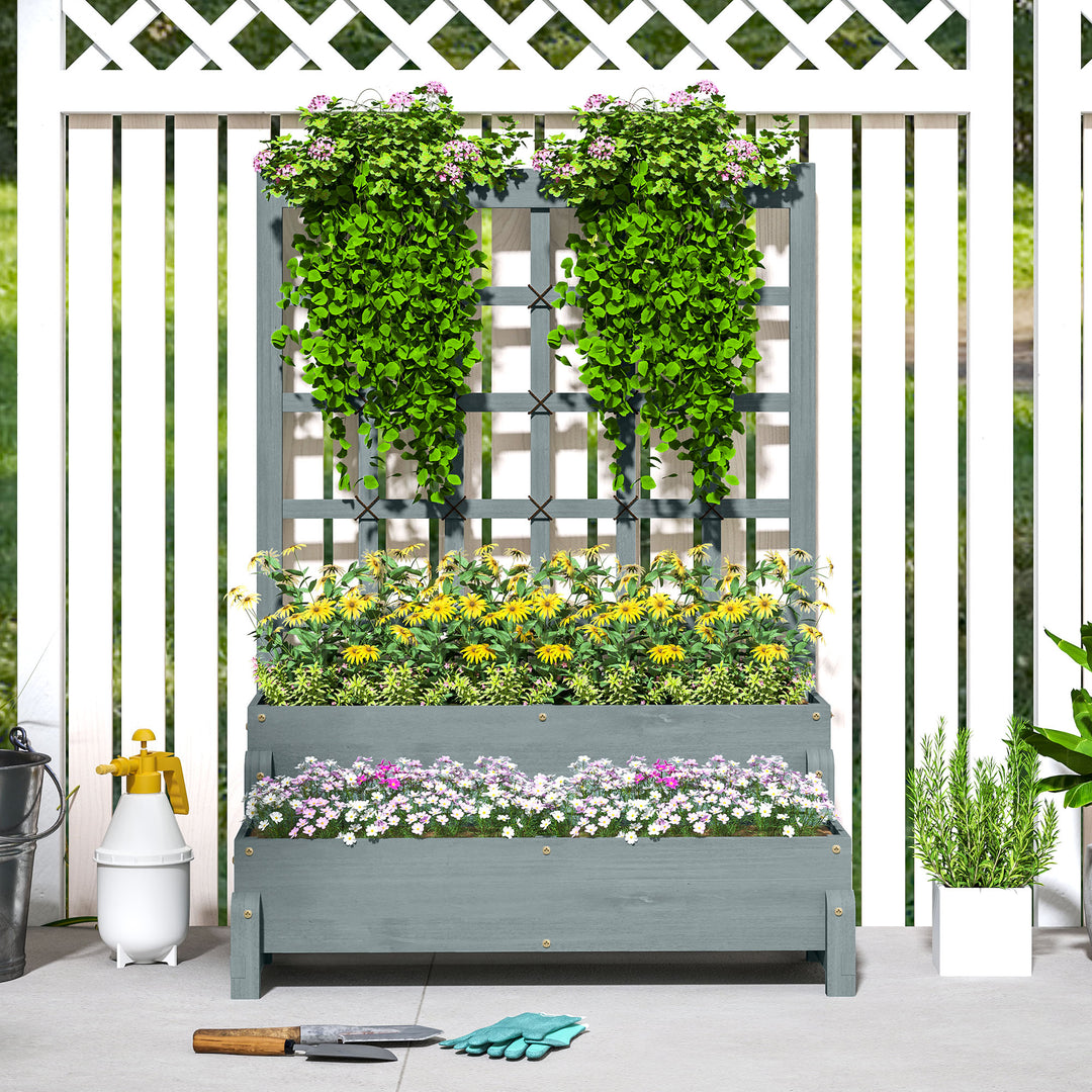 2-Tier Raised Garden Bed with Trellis, Wooden Elevated Planter Box with Drainage Holes, Outdoor Raised Planter for Climbing Plants, Fruits, Vegetables, Flowers, Grey