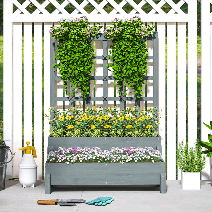 2-Tier Raised Garden Bed with Trellis, Wooden Elevated Planter Box with Drainage Holes, Outdoor Raised Planter for Climbing Plants, Fruits, Vegetables, Flowers, Grey