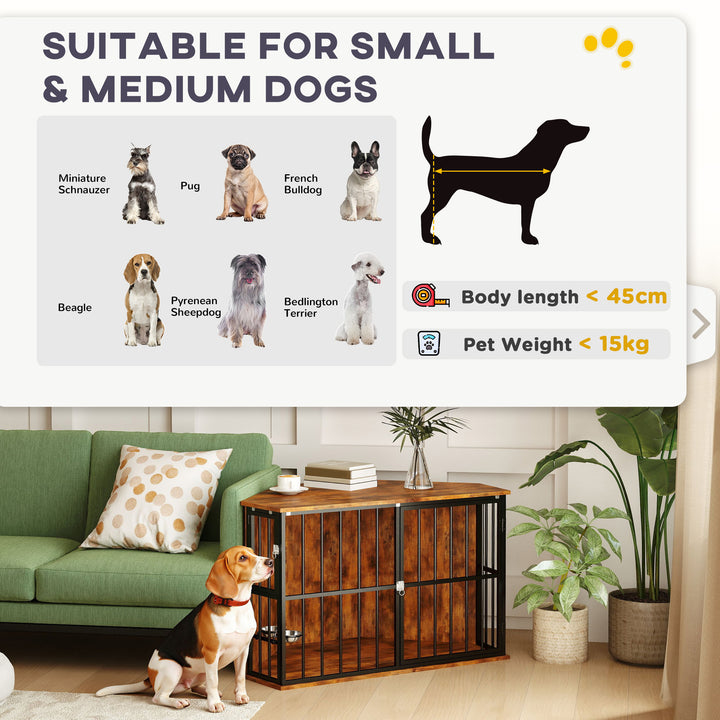Corner Dog Crate Furniture with Two Bowls, Lockable Doors, for Small, Medium Dogs, Rustic Brown